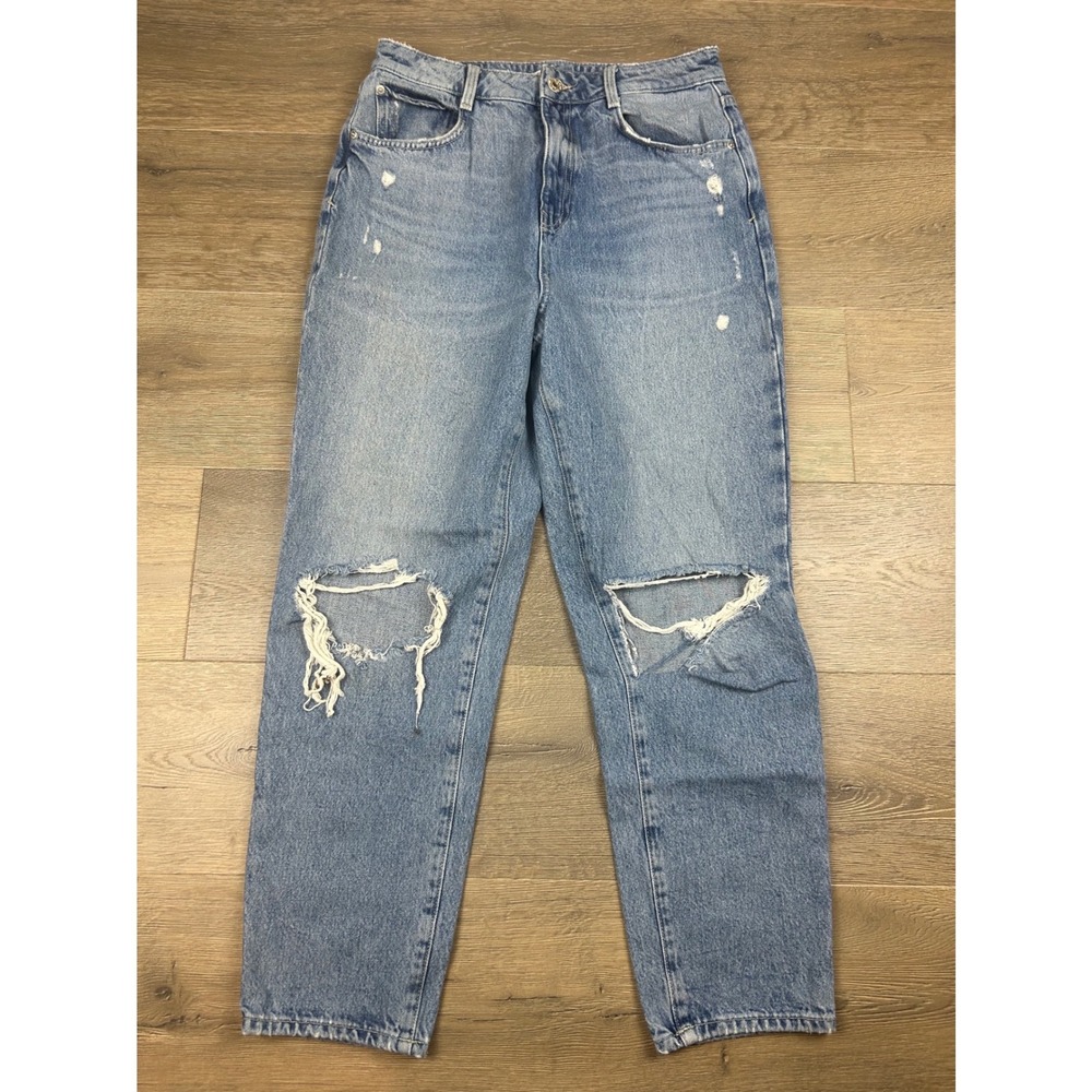 Zara Womens Light Wash Distressed High Rise Straight Leg Jeans Size 8 30